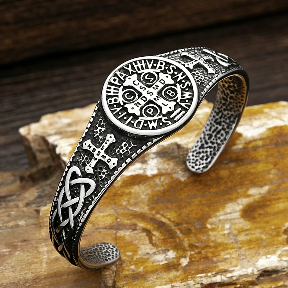 Fashion Saint Benedict CSPB Bracelet For Men Women Gift Stainless Steel New Cross Opening Bangles Biker Jewelry Dropshipping