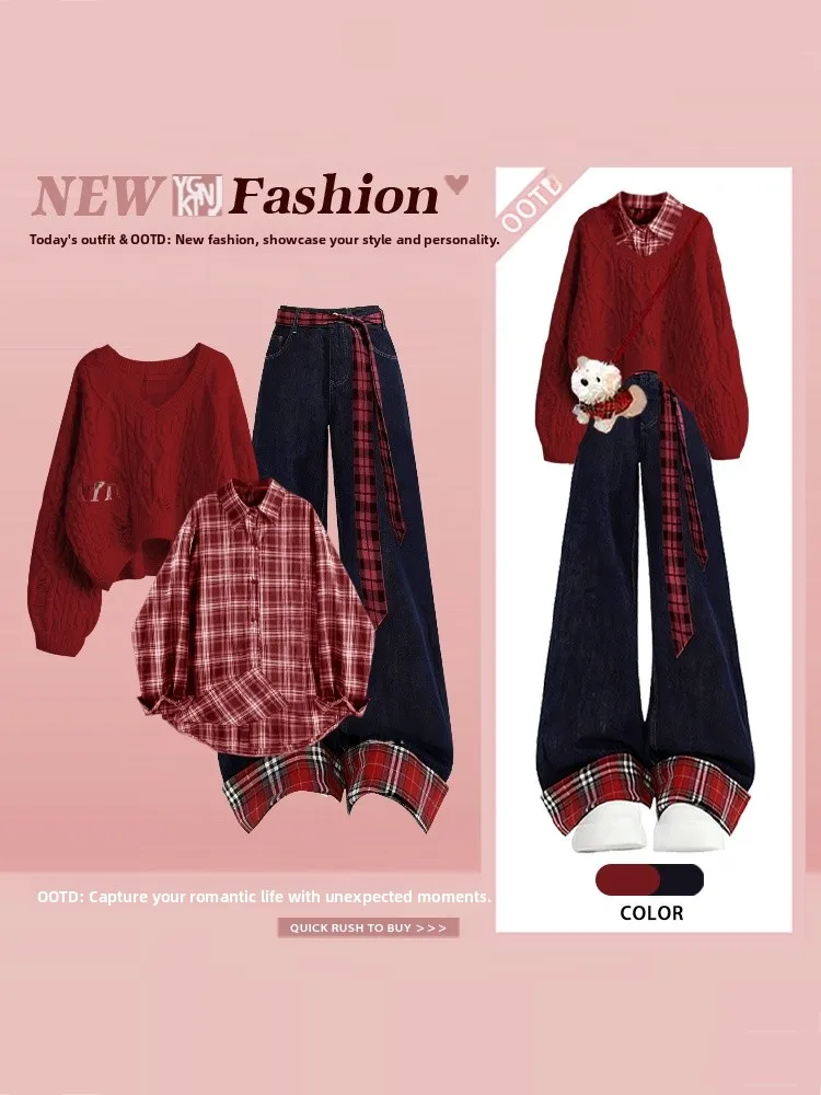 

Korean Style Red Knitted Sweater Shirt Plaid Splicing Wide Leg Pants Women's Winter Fashion Three Piece Set Combination
