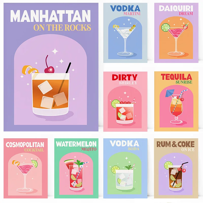 Ретро красочный коктейль кровавая Мэри Беллини водка Мартини плакат печать настенные художественные фотографии холст живопись комната домашний декор подарок Ретро красочный коктейль кровавая Мэри Беллини водка Мартини плакат печать настенные художественные фотографии холст живопись комната домашний декор подарок