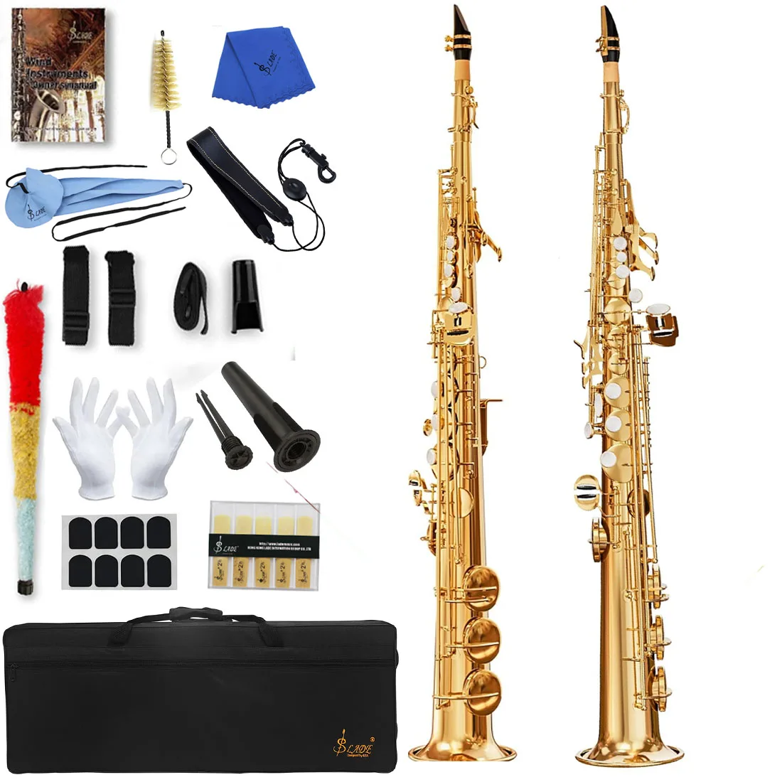 SLADE Gold Soprano Straight Saxophone Student B Flat Paint Beginner Saxophone Set with Cleaning Cloth Suitcase Mouthpiece Reeds