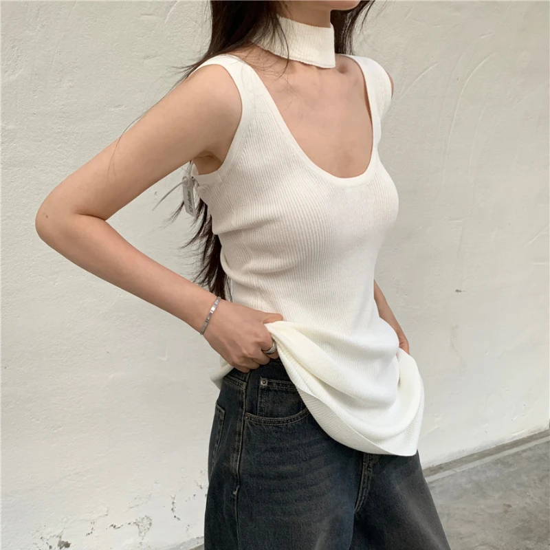 

High Street Backless Sexy Slim Knitted Camisole Women 2024 Summer New Korean Solid Color All Match Threaded Tops