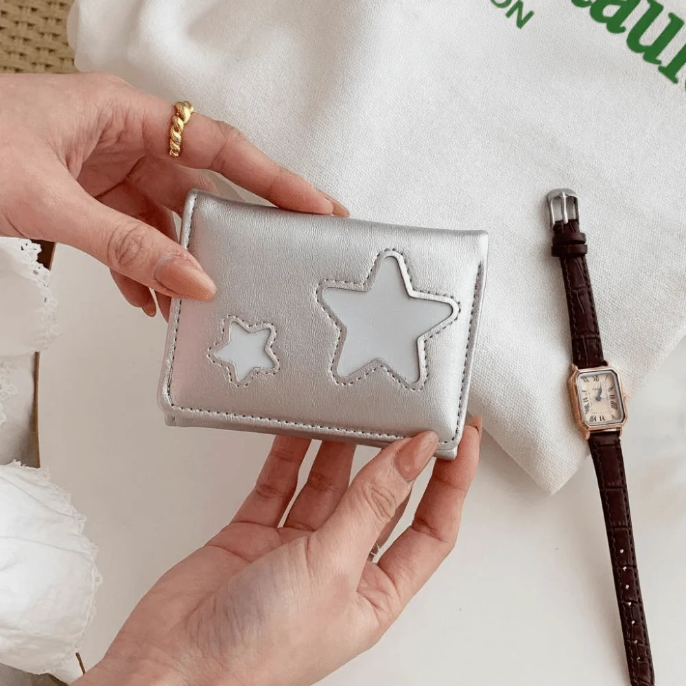 

Solid Color Star Short Wallets PU Leather Large Capacity Coin Wallet Three Fold Multifunction Women's Wallet) Girls Use