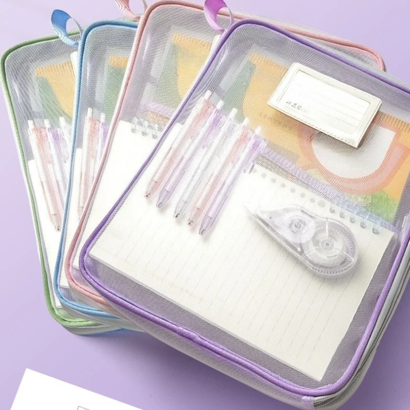 A4 ตาข่ายแฟ้มกระเป๋า 3 ชั้นขนาดใหญ่ความจุ L รูปร่างเปิดโปร่งใส Organizer นักเรียนสอบโฟลเดอร์เอกสารกระเป๋าเก็บ