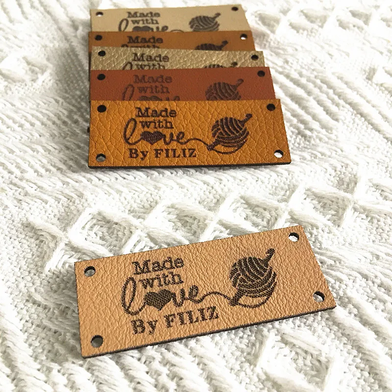 30pcs Personalized Sewing Labels for Crochet Customize Leather Knitting Tags with Logo Rectangle Handmade Clothing Crafts Label