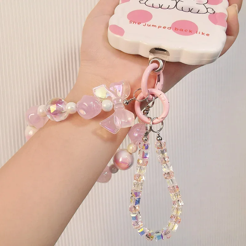 Mobile Phone Lanyard Beaded Wrist Chain Advanced Sense Women's Colorful Round Bead Bow Love Bracelet IPhone15 Pro Max  Lanyard