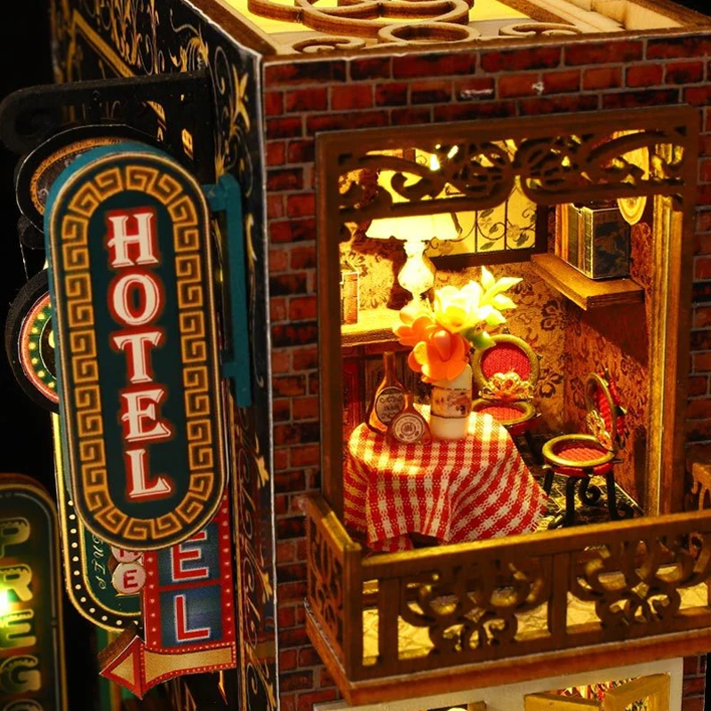 Puzzled Wooden Book Nook 3d Miniature Model Dollhouse With Led Light Diy Bookshelf Insert Desk Decor Building Bookend Scarbrough