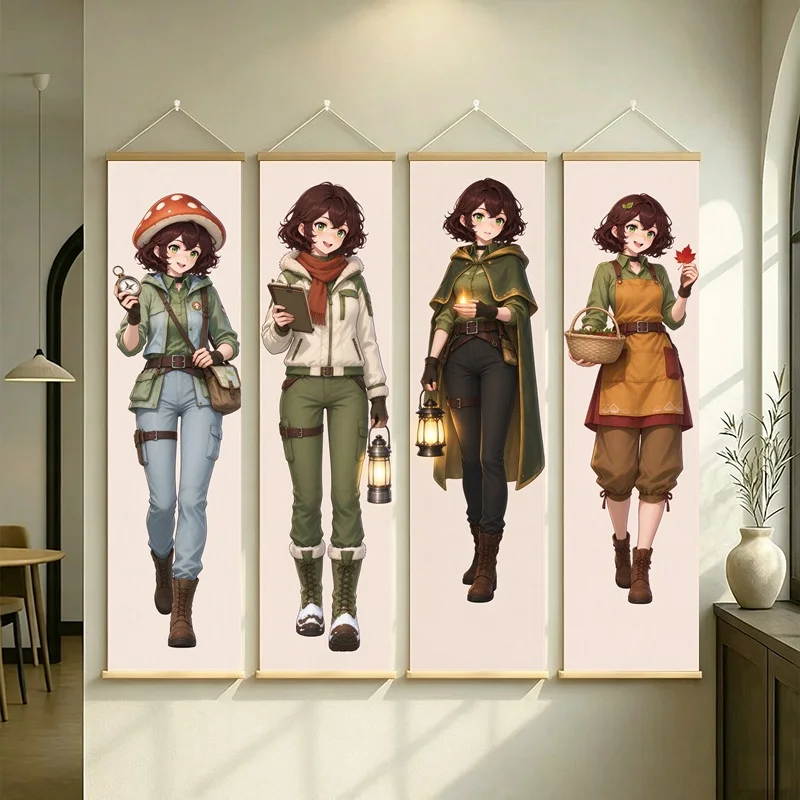 Brown Haired Anime Girl Hanging Scroll with Earth Tone Travel Outfits and Boots in Full Length Illustration for a Bedroom