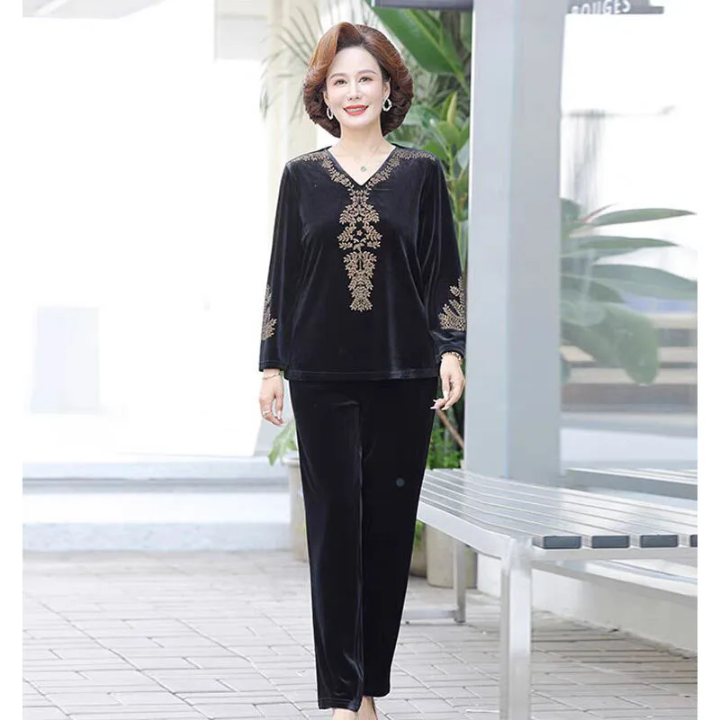 6XL 7XL Mom's Gold Velvet Sets Spring Autumn Large Size V-nevk  Hot Diamond Tops Pants 2 Piece Suit Elderly Women Velvet Outfit