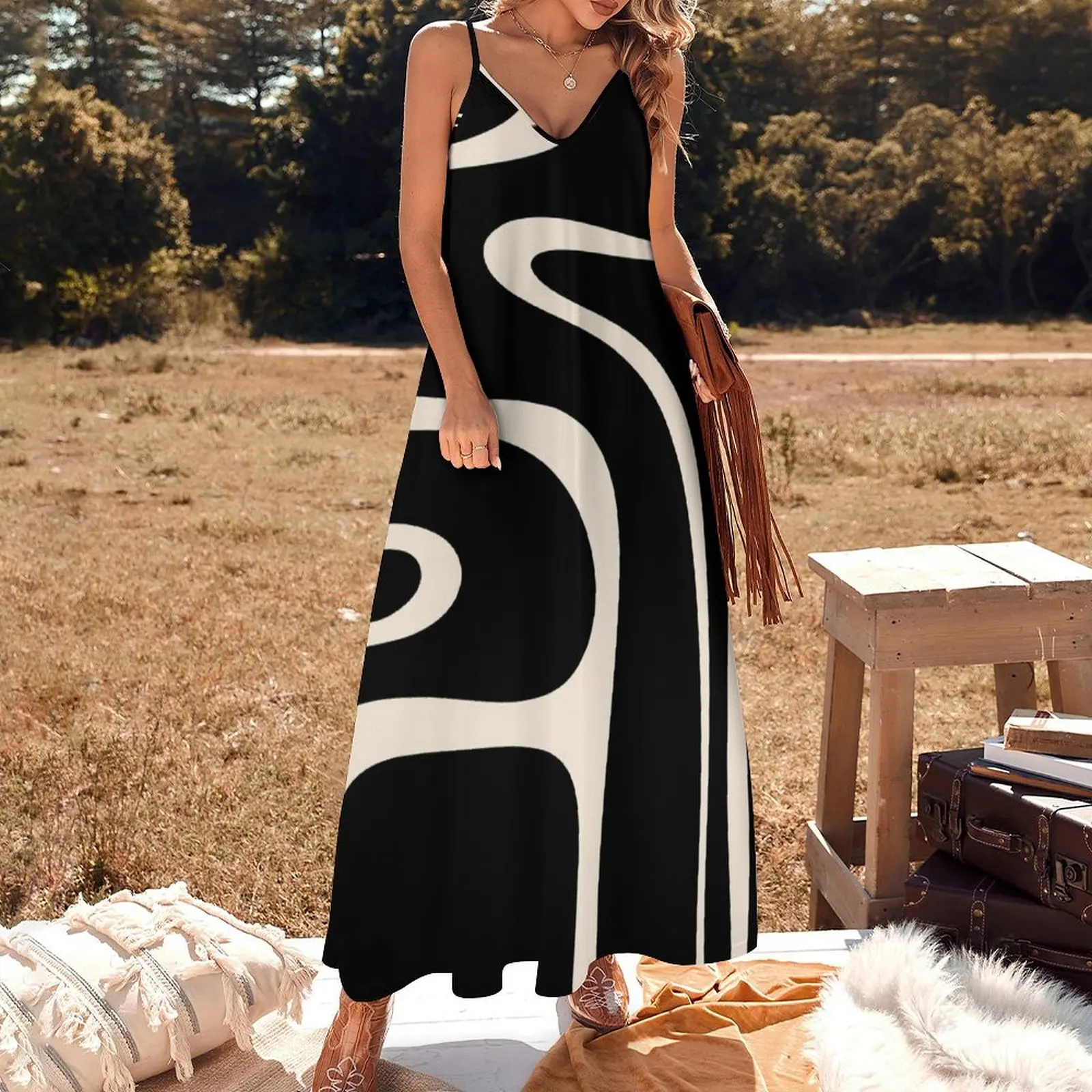 Copacetic Retro Abstract Black and Almond Cream Sleeveless Long Dress prom dress 2025 Dresses for wedding party Dress