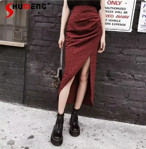 Summer New Summer Punk Gothic Harajuku Vintage Red Plaid Skirt Women Fashion Loose High Quality Female Asymmetric Long Skirts