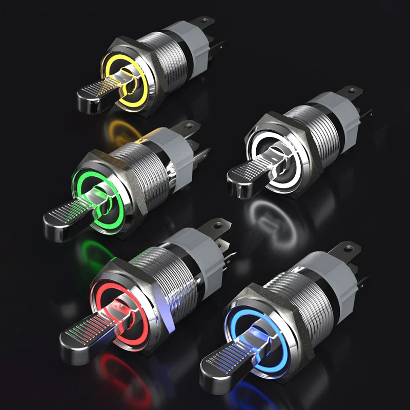 10A 16MM Metal Toggle Switch Waterproof Self-locking Toggle Button with LED Light 1NO1NC/2NO ON-OFF Slide Power Power Buttons