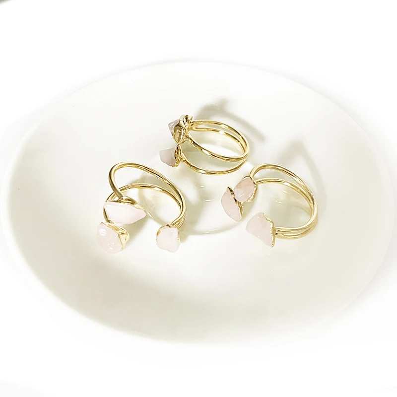 Three Stones Irregular Rose Quartz Open Ring for Women Girls Gold-color Boho Rough Pink Crystal Finger Jewelry Resizable
