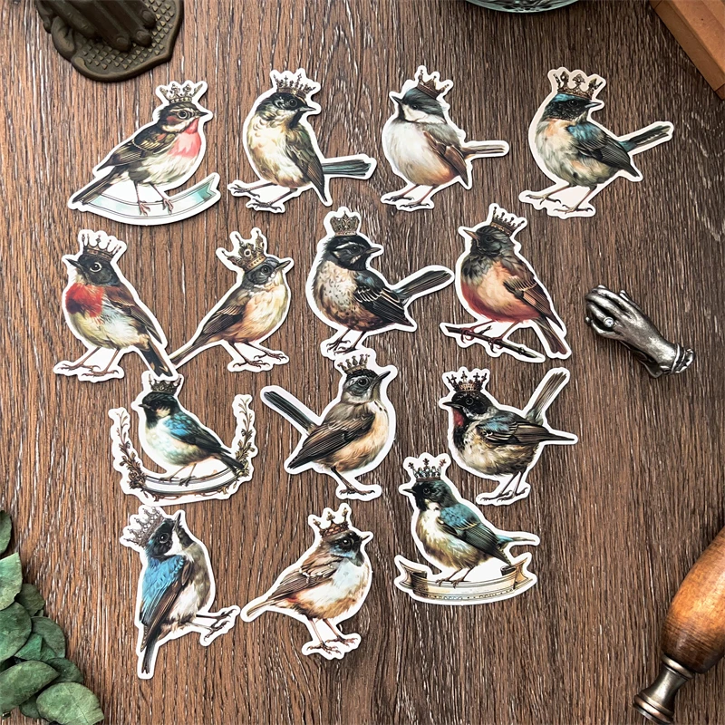 14PCS Retro Crown Bird Stickers DIY Scrapbooking Junk Journal Base Collage Diary Album Gift Decoration