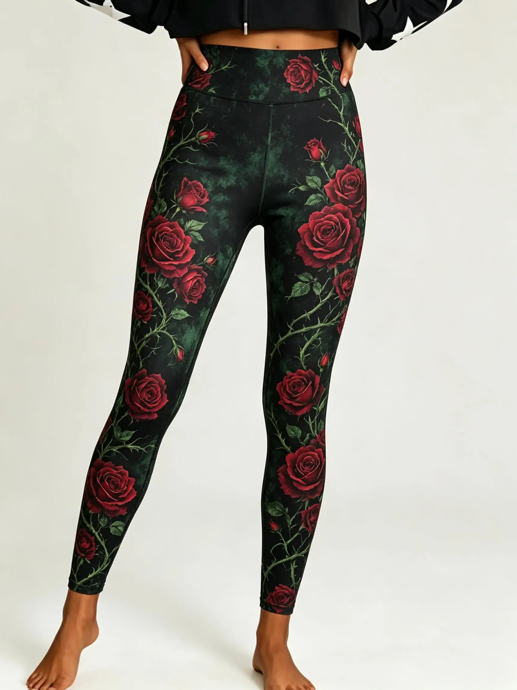 Women Halloween Fleece Mid‑Rise Leggings Red Rose Thorn Floral Full Print Stretch Slim Pants