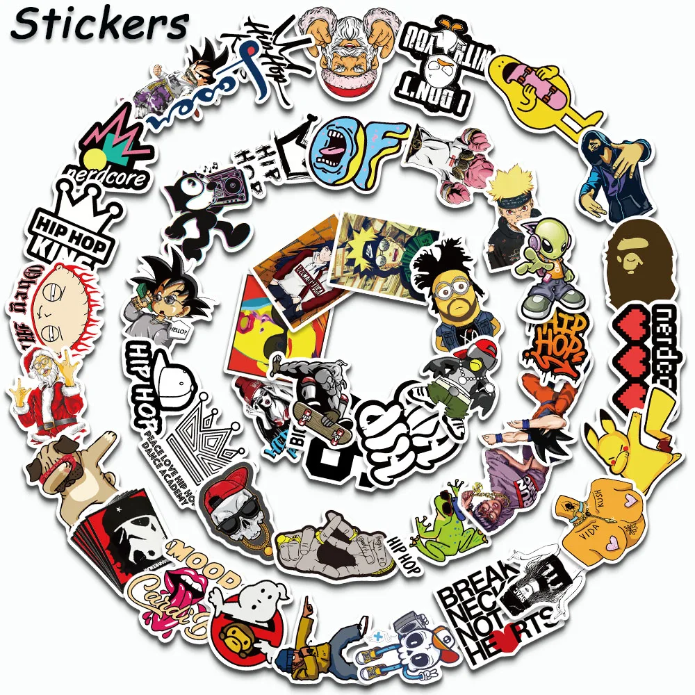 50PCS Pop Hip Hop Style Cartoon Stickers Fashion Funny Decals For Guitar Bike Car Motorcycle Helmet Skateboard Graffiti Stickers