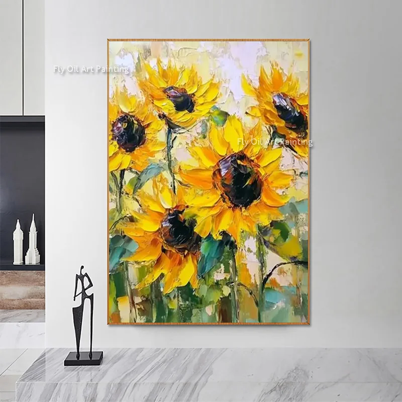 Hand Painted Sunflower Impasto Oil Painting, Thick Palette Knife Floral Canvas Art, Bright Home Wall Decor