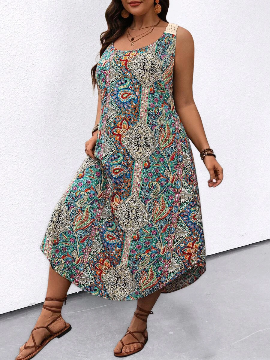 Women's Elegant Dress 2024 Summer Tropical Print Plus Size Floral Print O-Neck Sleeveless Long Dress Casual Hollow-out Dresses