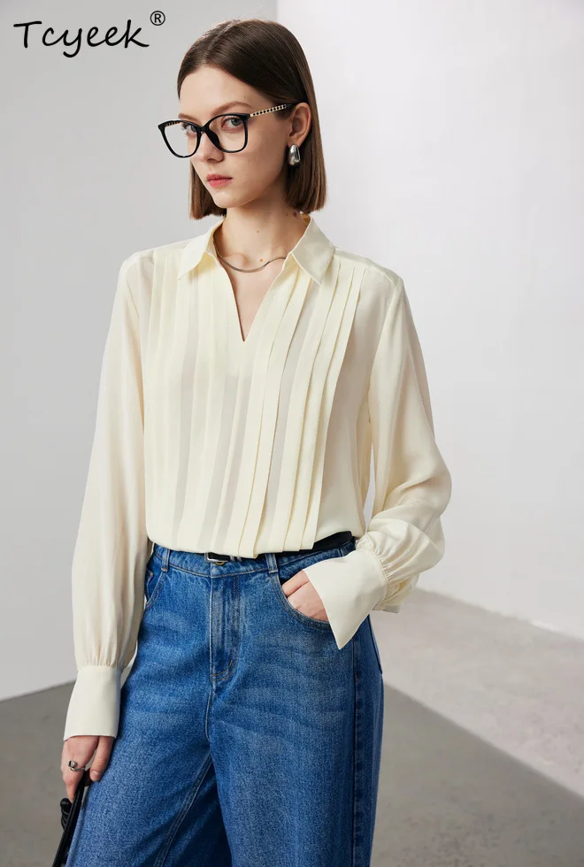 

Tcyeek, 6A 100%Real Silk Elegant Shirt, Women Long Sleeve V Neck Folds, Commute OL Fashion Blouse, 2024 Summer Fall T47363QM