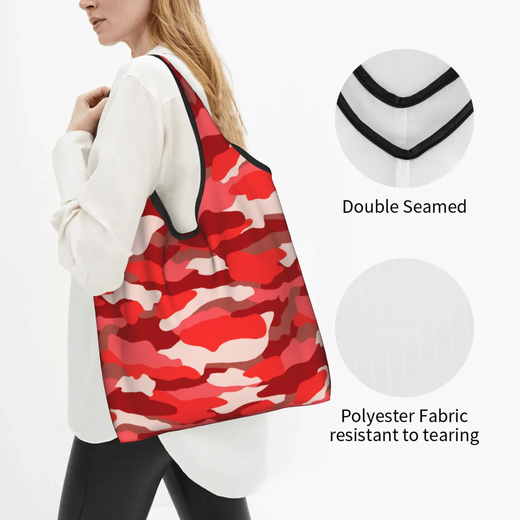 Cute Red and Pink Monochrome Camouflage Shopping Tote Bag Portable Military Army Tactical Camo Groceries Shopper Shoulder Bag