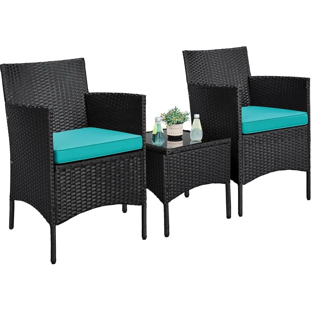 

3-Piece Outdoor Patio Furniture Set with PE Rattan Wicker, Cushioned Chairs, Glass Coffee Table, Ideal for Garden, Deck, Courtya