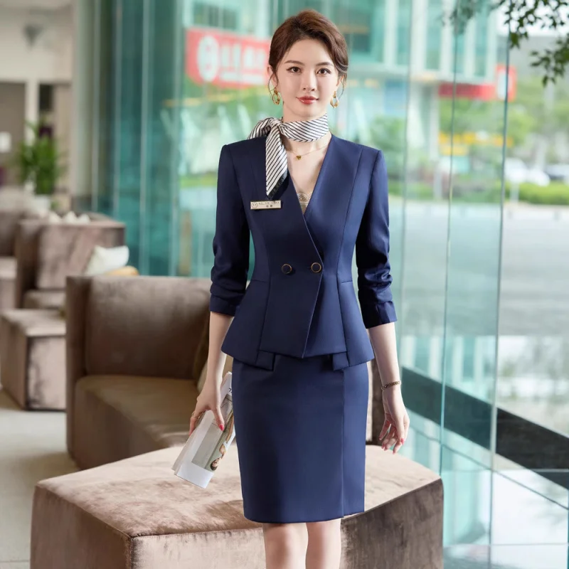 

Blue Professional Suit Set for Women, Spring and Autumn Season, Elegant High-end Hotel Front Desk Reception Uniform, Beauty Salo