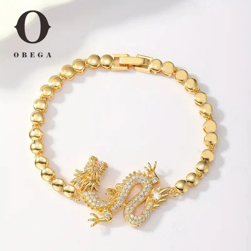 

Obega Hip Hop Dragon Shape Charm Bracelect For Women Men Shiny crystal Stone Gold Color Metal Bead Bracelet Punk Cool Jewelry