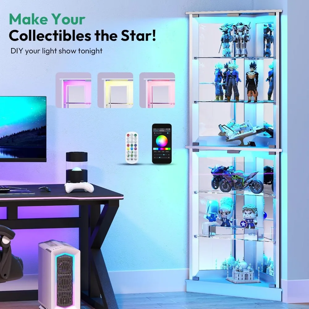 خزانة عرض زاوية بأبواب زجاجية، خزانة تحف مكونة من 6 طبقات للمقتنيات مع أضواء LED الديناميكية، شاشة عرض حديثة #3