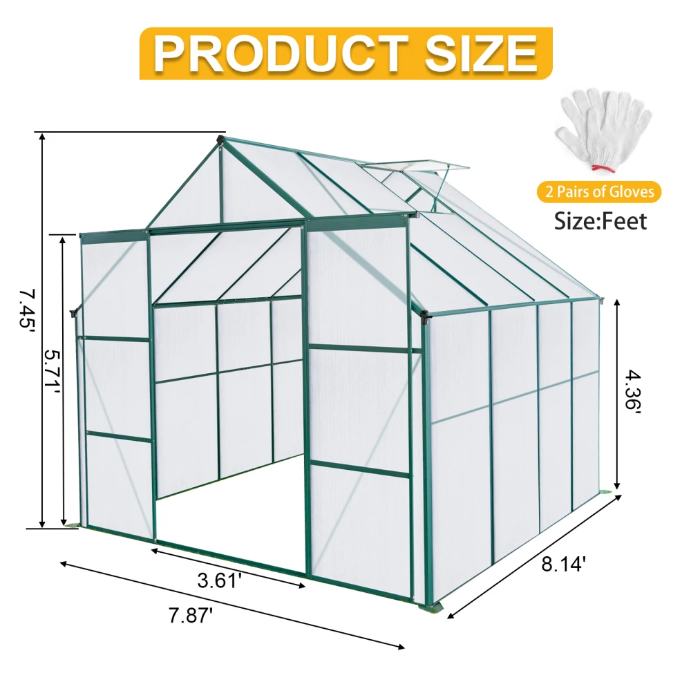 8x8 FT Double Door Polycarbonate Greenhouse Raised Base and Anchor Aluminum Heavy Duty Walk-in Greenhouses for Outdoor Backyard