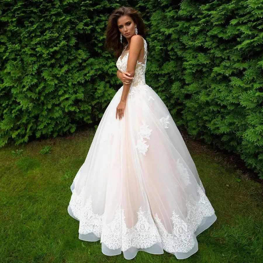 Sexy Sheer Collar Lace Wedding Dresses with Embroid Applique Bridal Gowns Sweep Train A-Line Vestido De Noiva Robe De Mariage