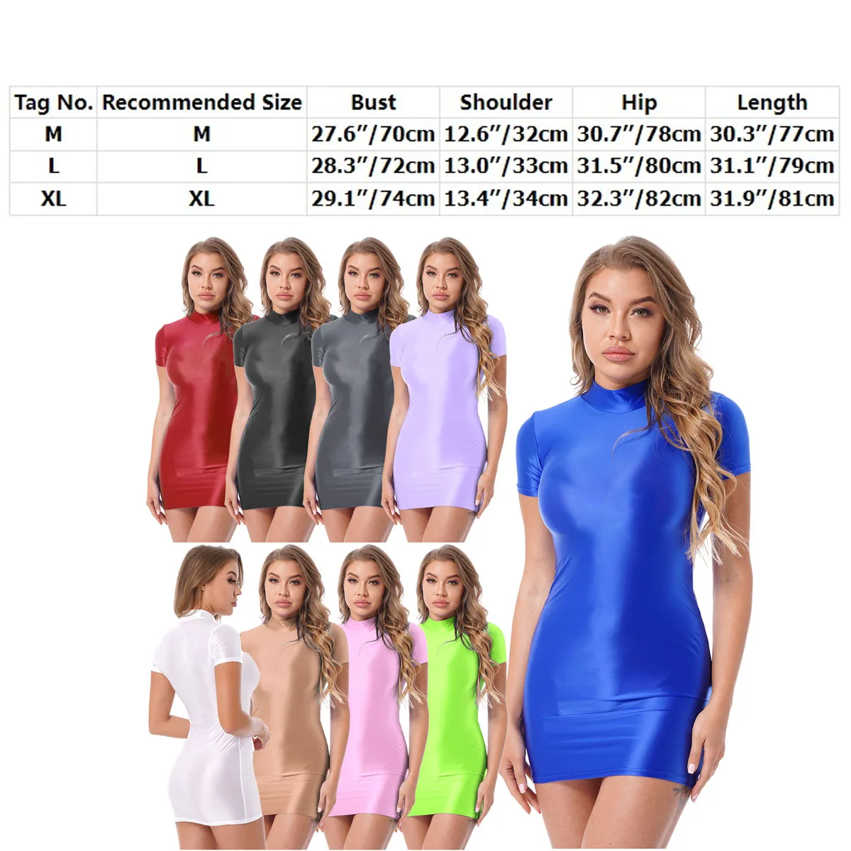 Glossy Bodycon Dress Clubwear Womens Sexy Short Sleeve Mock Neck Oil Shiny Mini Dresses Rave Pole Dancing Stage Clothes