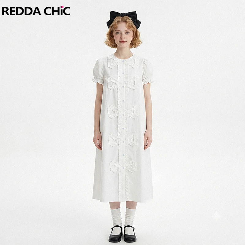 REDDACHiC Women Puff Short Sleeve Shirt Dress Cute White Frill Trim Bow Loose O-neck Babydoll Long Dress Lounge Summer Clothes