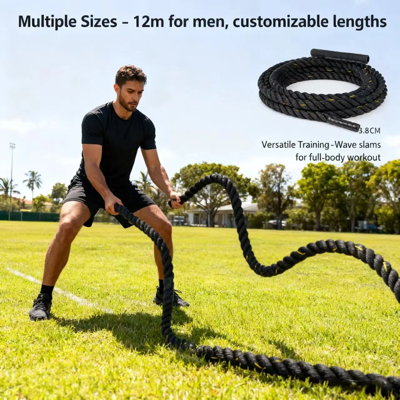 Polyester Wear-Resistant Battle Rope 3/9/12/15m Unisex Strength Whip Training Rope