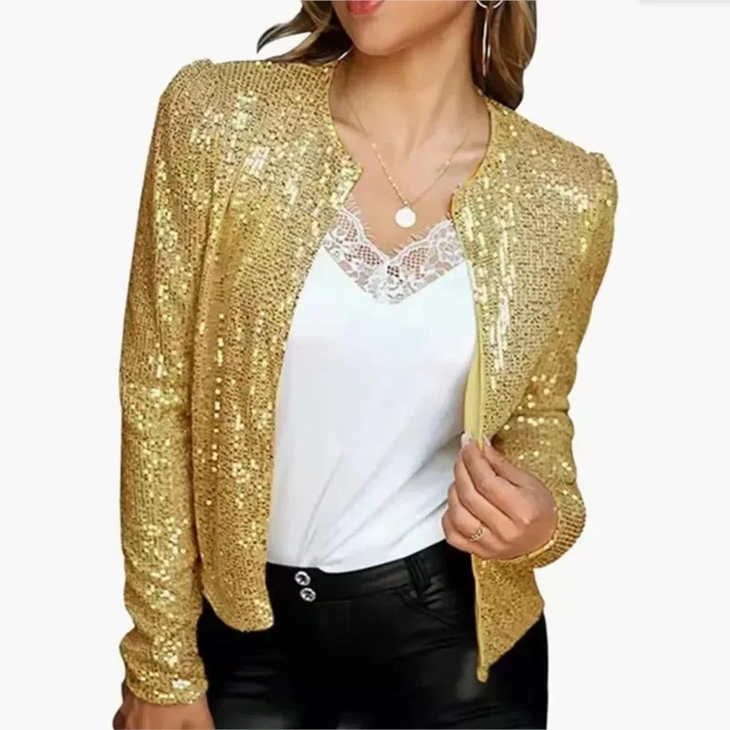Elegante blazer chic con paillettes brillanti cappotto corto giacca cardigan lunga con scollo a O di nuova moda aperta sul davanti capispalla abbigliamento femminile