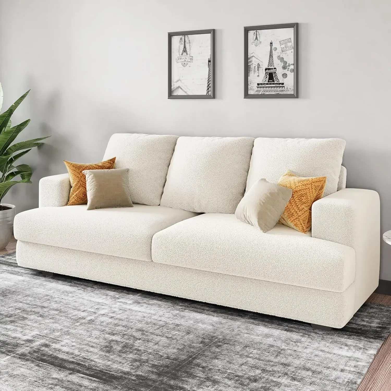 Sofa, 3 Seater Comfy Couch Sofa- Extra Deep Seated Oversized Sofa, 97 inch Contemporary Couches, Office (Off-White,Bouclé)