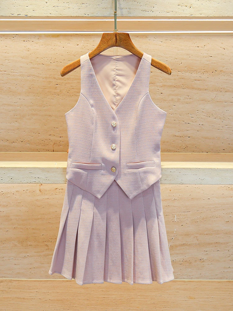 

Luxury Women's Fashion Set with V-neck Sleeveless Tank Top And Skirt in Wool Fabric Summer 2024 Buttoning Closure