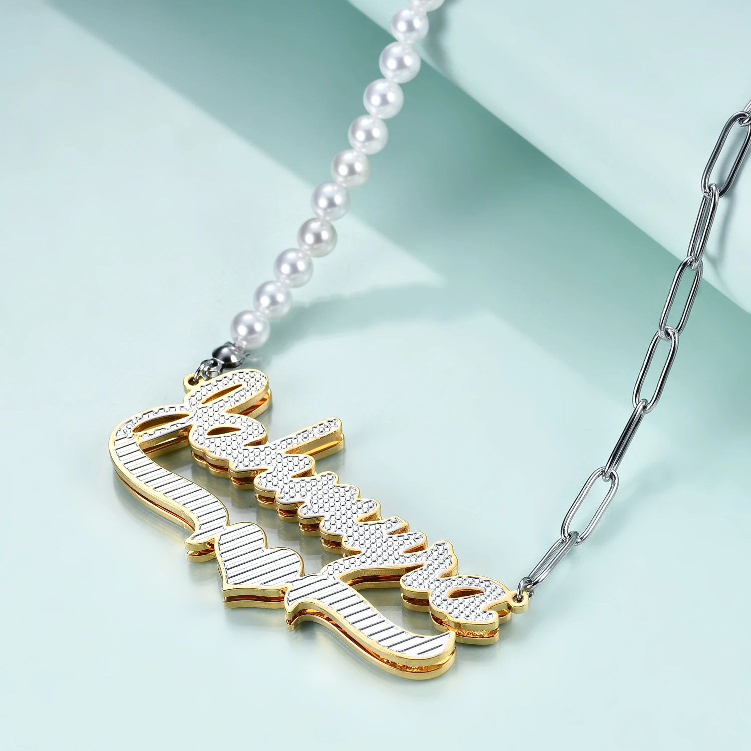 

Double Plate Personalized Name Necklace With Heart Two Tone 18K Gold-Plated Custom Nameplate Necklaces Pearl Chain Women Jewelry