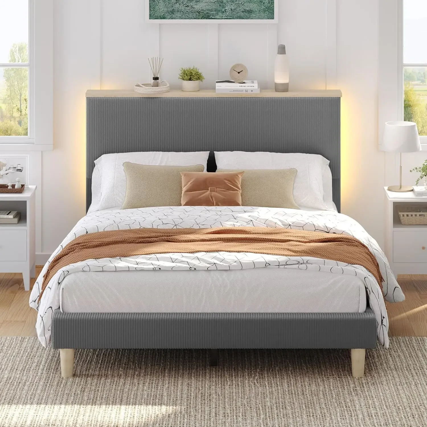 Queen Size Bed Frame with Headboard, Corduroy Upholstered Adjustable Platform Bed with Storage Shelf, Bedside LED Bed