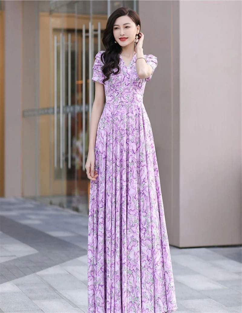 Fashion Summer Dresses 2024 Summer Violet V-neck Dress Feminine Elegant Travel Beach Skirt Super Long Big Swing Skirt Dresses