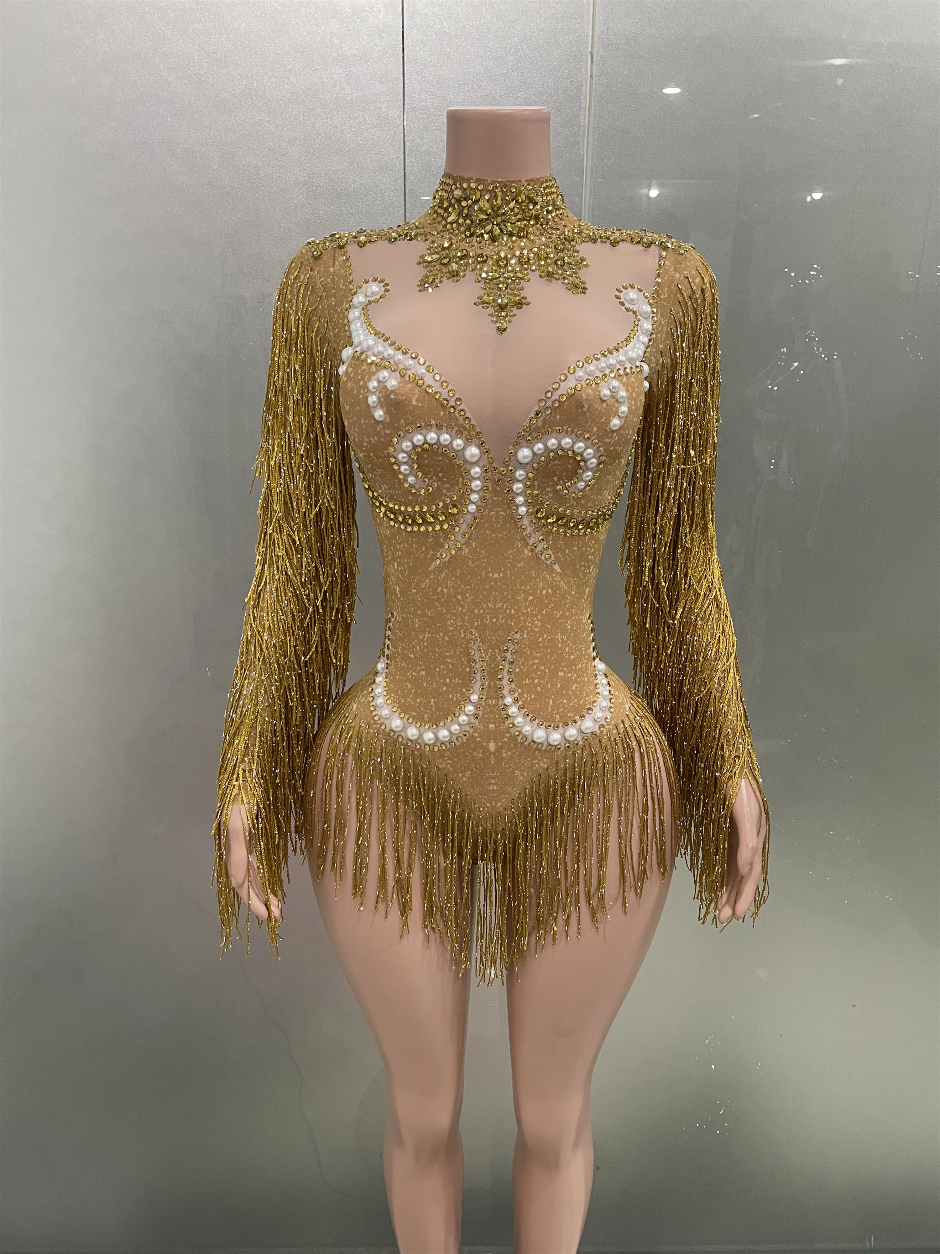 Sparkly Gold Rhinestones Pearls Tassel Long Sleeve Bodysuit Women Sexy Performance Dance Costume Nightclub Singer Stage Wear