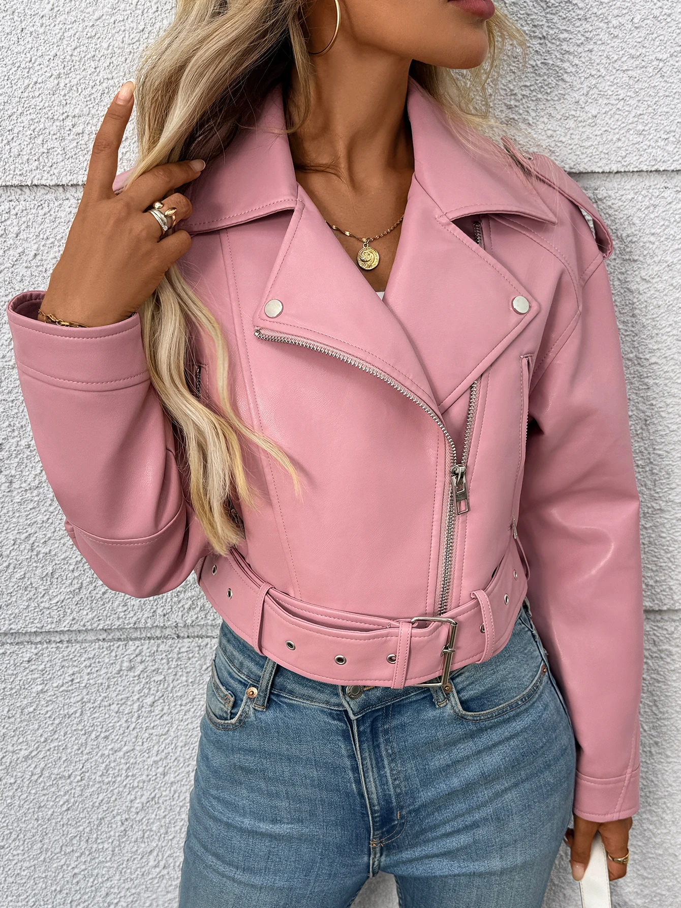 سترة Fitaylor النسائية المصنوعة من الجلد الصناعي مع طية صدر السترة للدراجات النارية من الجلد معطف وردي كاجوال