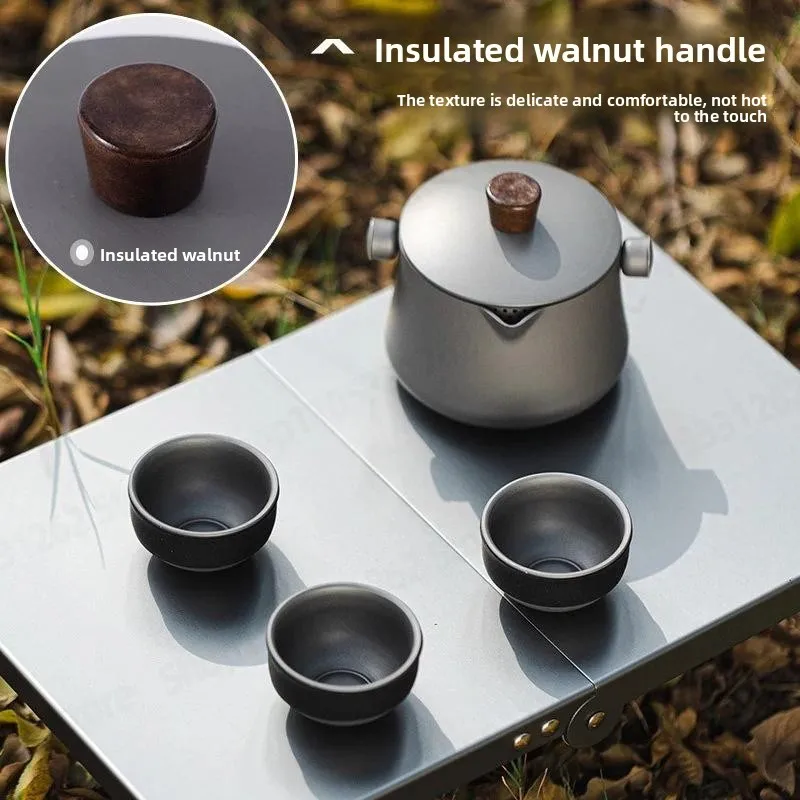 Aluminum Alloy Portable Tea Set for Outdoor Travel, 1 Pot 3 Cups Ultra-light Camping Tea Maker with Tea Cup Set