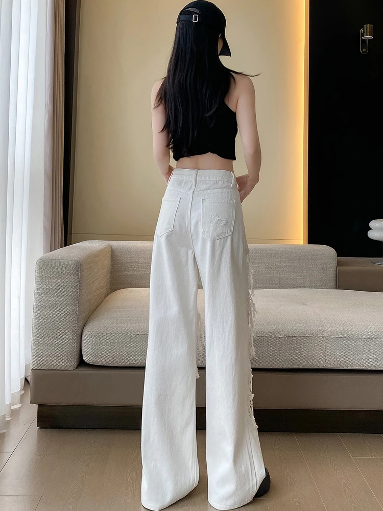 Oversized Lace Spliced Jeans Women Summer New High Waist Loose Sexy Hot Girls Wide Leg Pants High Street Style Hole Denim Pants