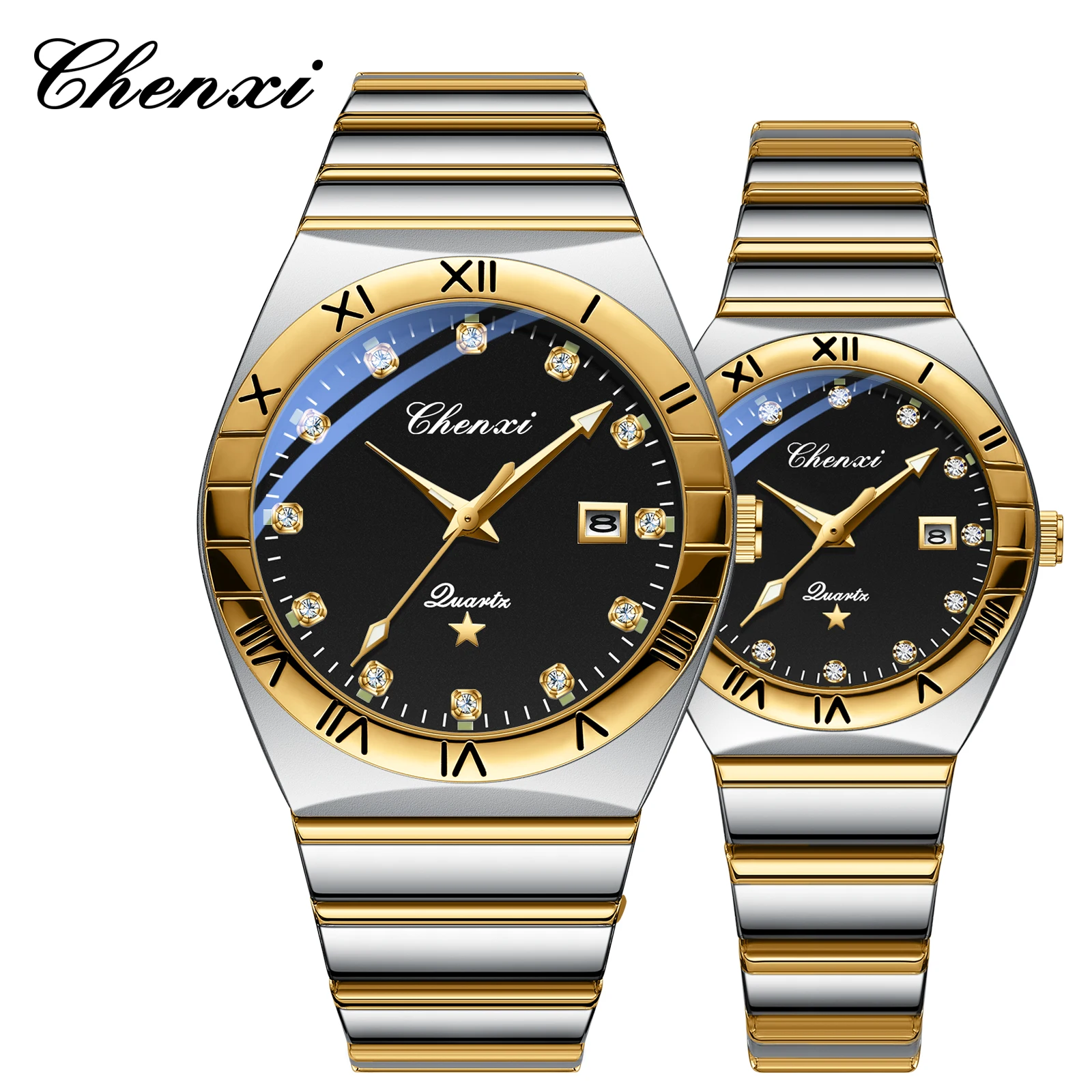 CHENXI Luxury Couple Watch Quartz Luminous Date Men and Women Watches Lovers Business Stainless Steel Waterproof Wristwatch