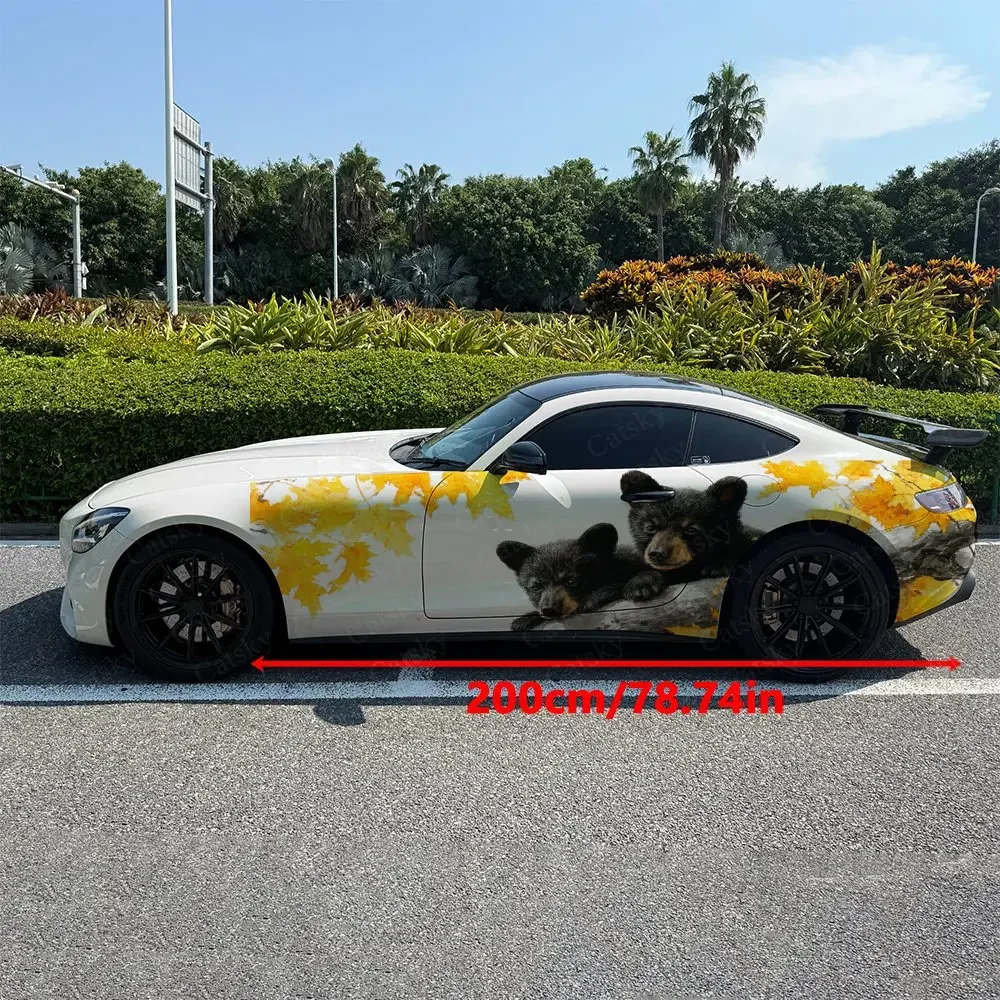 2pcs Autumn Maple Leaf Twin Bear Car Side Wraps, Self-Adhesive PVC Waterproof & Scratch-Resistant Stickers, Car Accessory Gift