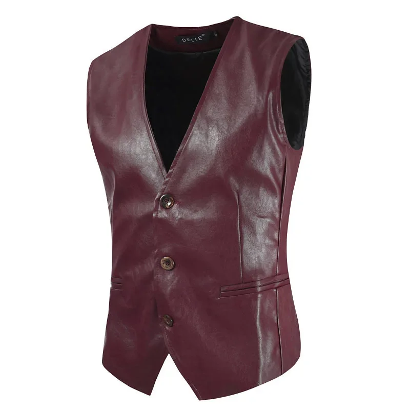 

2024 New Men's Slim PU Leather Vest Casual V-neck Suit Vest