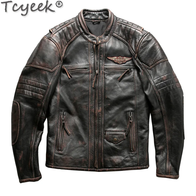 

Real Leather Jacket Men Pure Cowhide Jacket Coat High Quality Distressed Vintage Heavyweight Motorcycle Stand Collar Coat Men