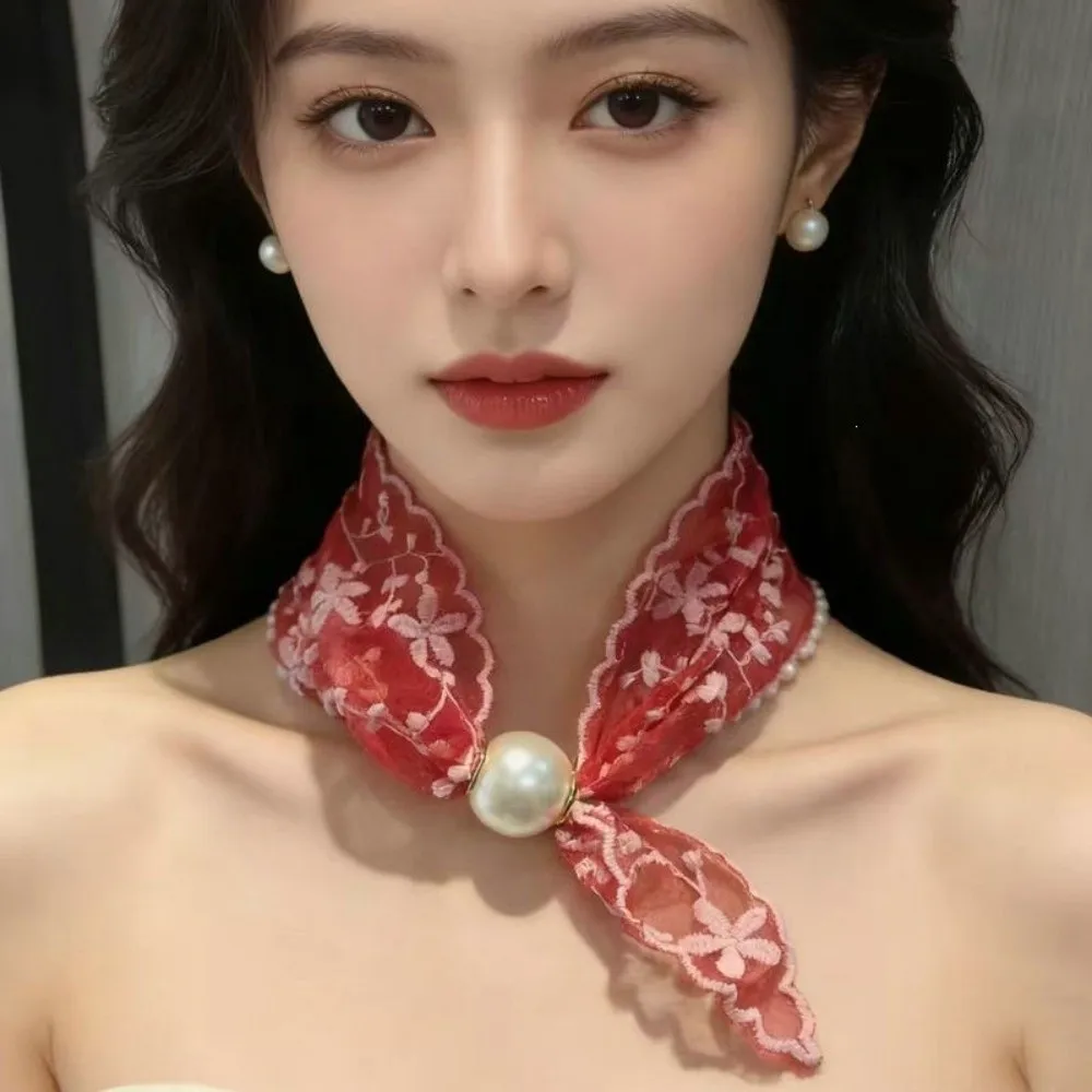 Snap Closure Magnetic Buckle Lazy Scarf Elegant Adjustable Pearl Lace Neck Scarf Collarbone Chain Versatile Shirt Collar Scarf