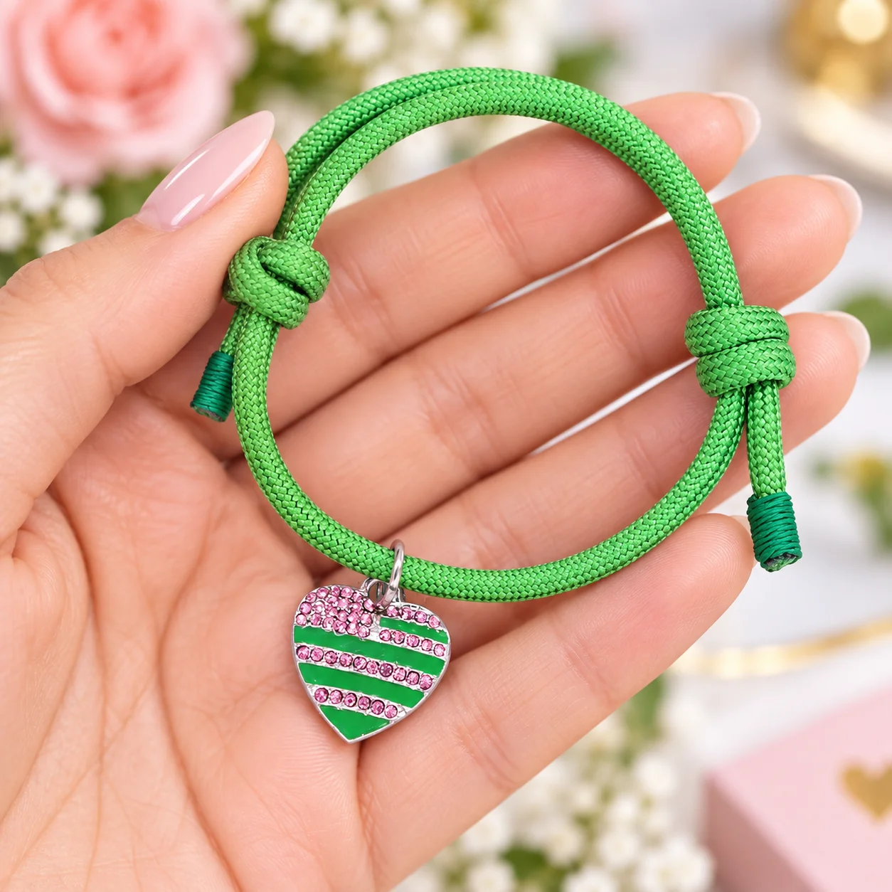 Adjust Rope Chain Pink Green Heart Charms Sorority Alpha Women Bracelets 1908 Jewelry for Member Gifts
