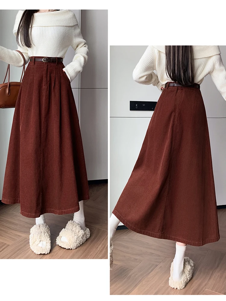 Elegant Winter Corduroy Maxi Long Skirt Women Fashion Korean Big Swing Umbrella A-line Skirts Loose Elastic Waist Falda Plisada