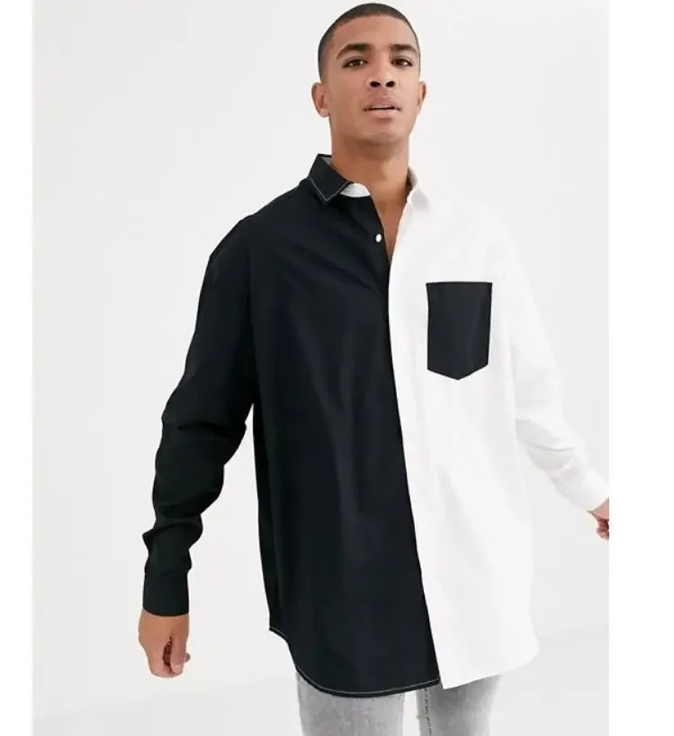 S-6XL-ropa para hombre y mujer, camisa de empalme simétrico en blanco y negro, disfraces de talla grande para amantes, estilista de pelo, pasarela, novedad de 2024